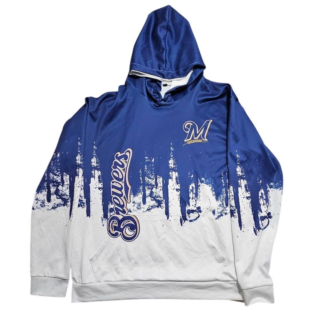 Milwaukee Brewers MLB Hoodie Blue White Paint Drip Pullover Mens XL Baseball - Picture 1 of 4